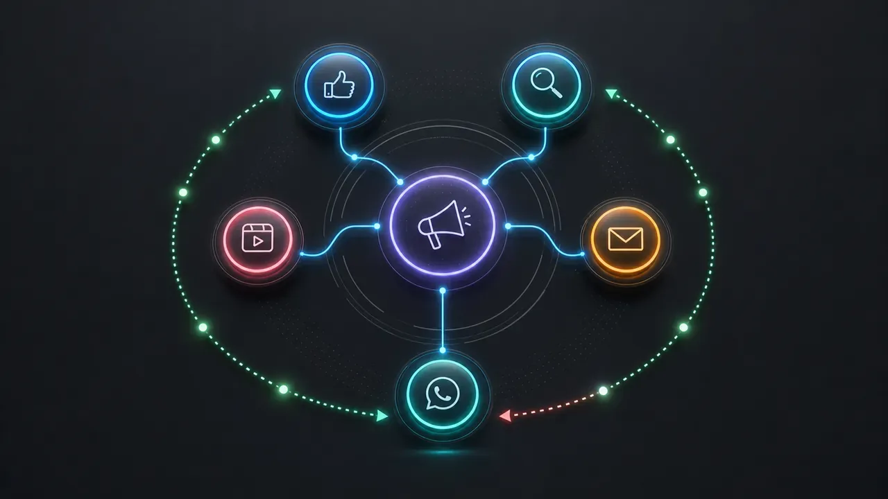 Fluxo de uma campanha orquestrada: conceito central ramificando para Instagram, Google, TikTok, email e WhatsApp com dados retornando para um hub central