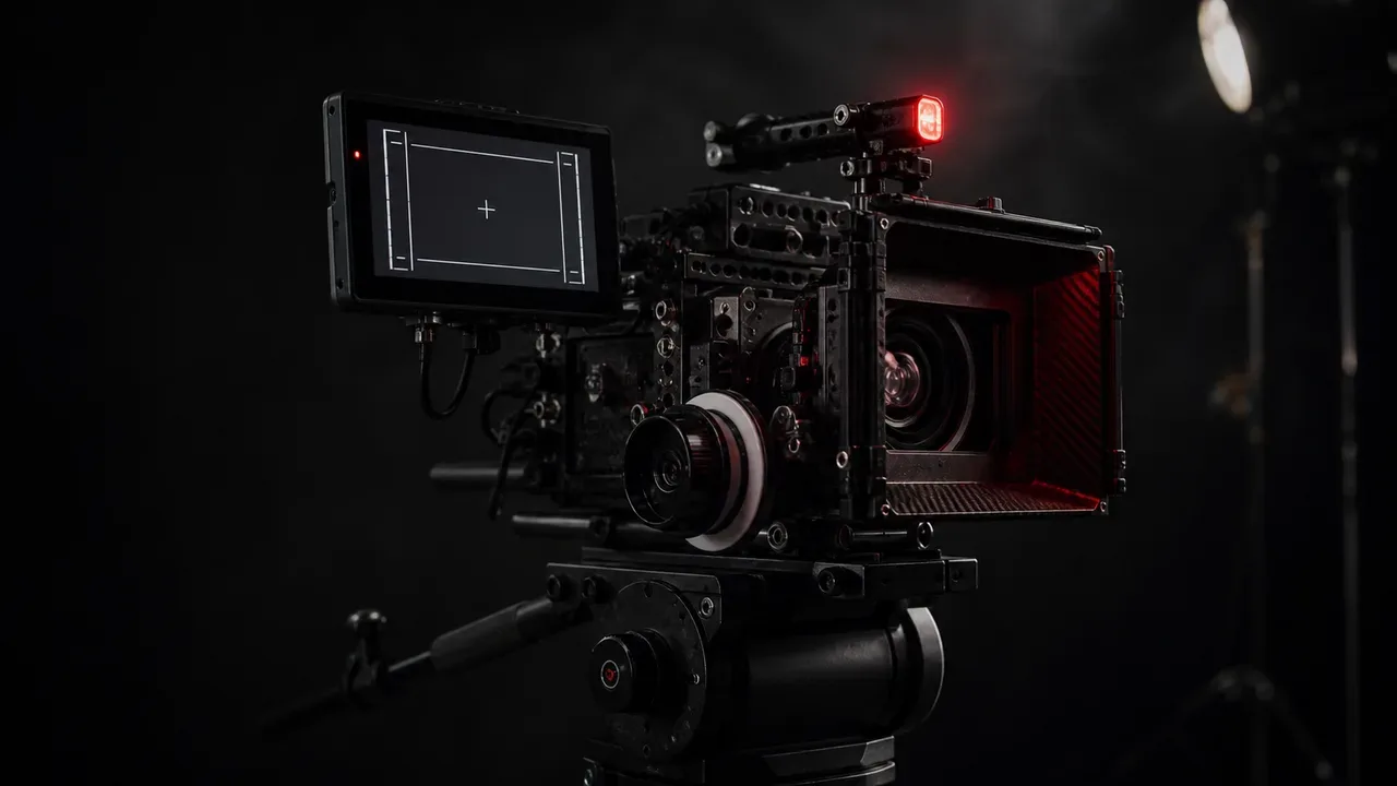 Câmera de cinema montada em rig de estúdio com monitor de produção exibindo guias de safe area vertical e luz de tally vermelha no topo