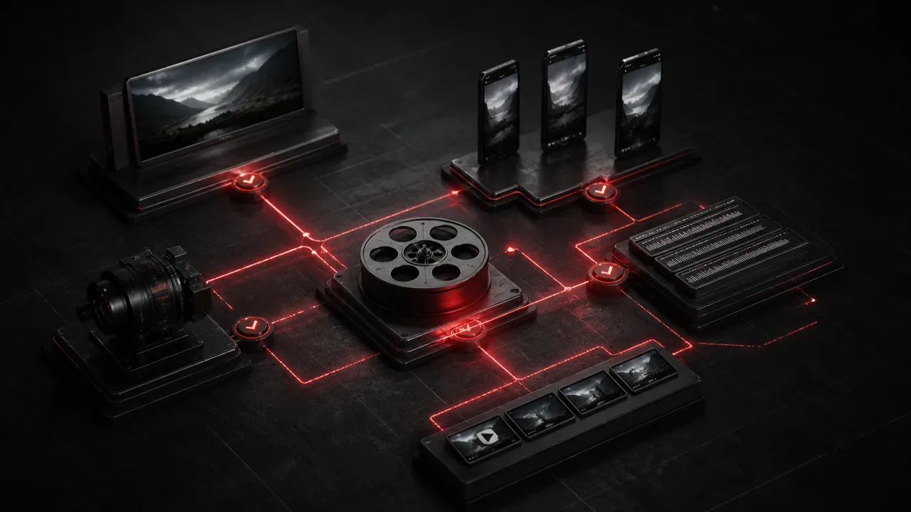 Diagrama técnico isométrico 3D ilustrando a esteira de entregáveis de vídeo desde o master cinema até derivações verticais e trilhas de acessibilidade
