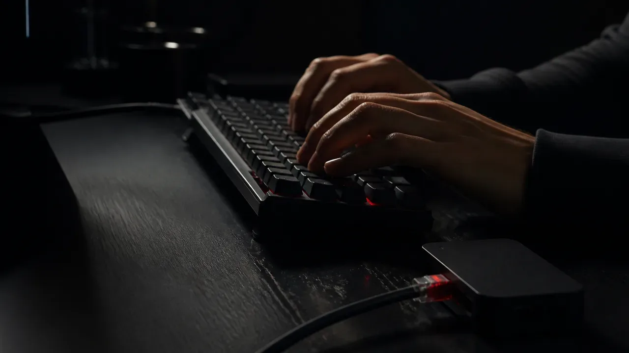 Close-up de mãos digitando em um teclado mecânico à noite, com um cabo de rede de conector vermelho aceso ao lado de um switch sobre a mesa