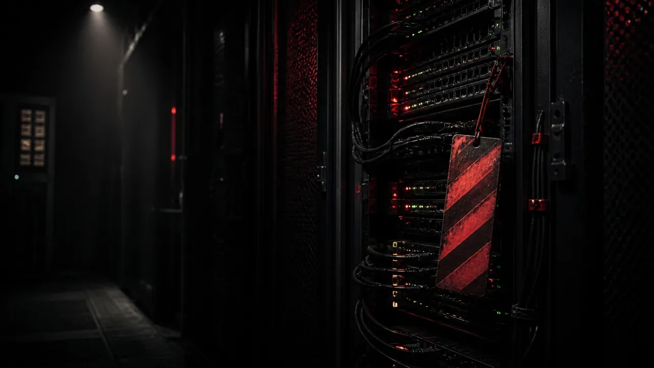 Corredor entre racks de servidor em um data center, com uma etiqueta de aviso listrada em vermelho e preto pendurada nos cabos