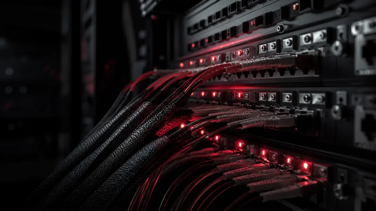 Infraestrutura de alta velocidade em datacenter escuro com painéis de patch de fibra óptica e pulsos luminosos carmim