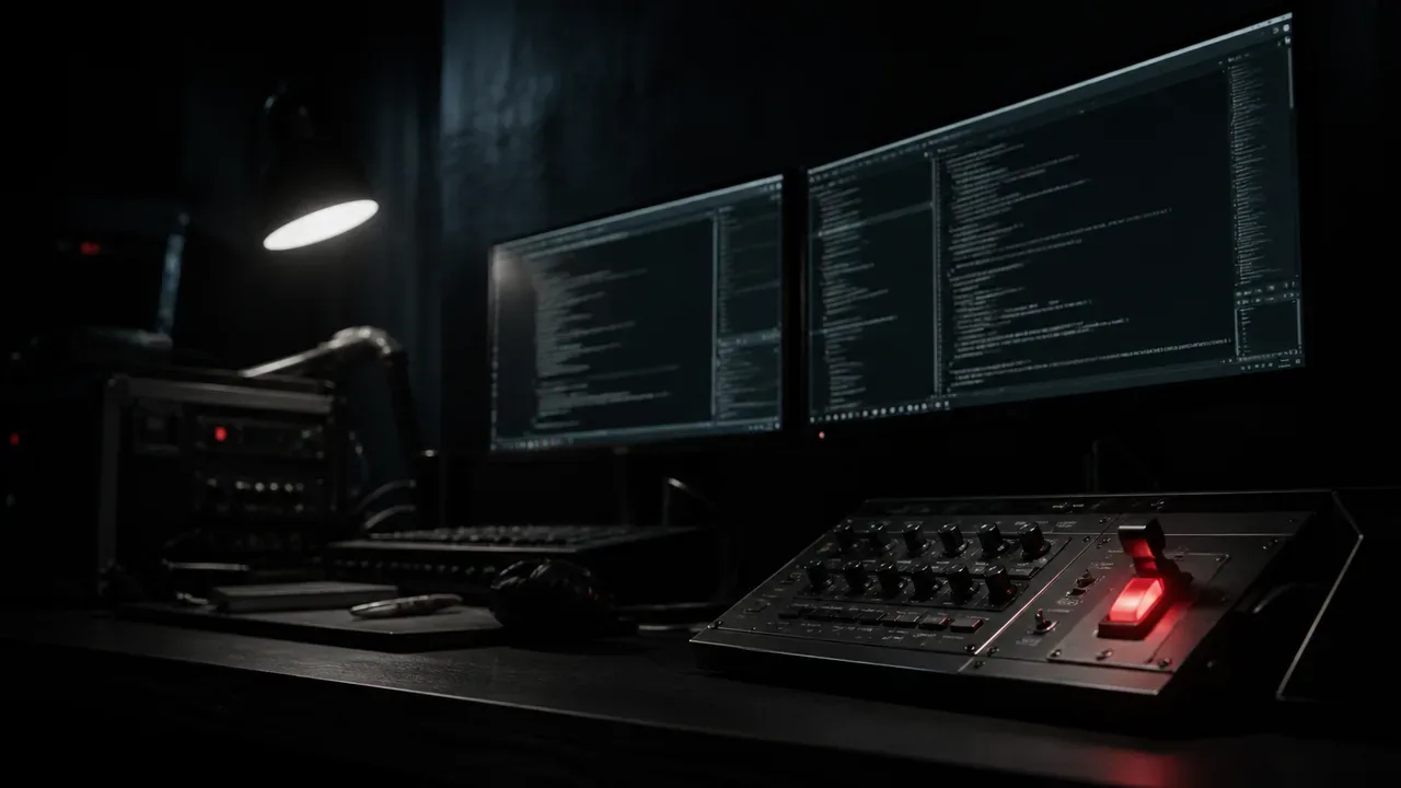Estação de trabalho de desenvolvimento em ambiente escuro de engenharia com monitores duplos exibindo terminais de código e console de hardware com interruptor carmim