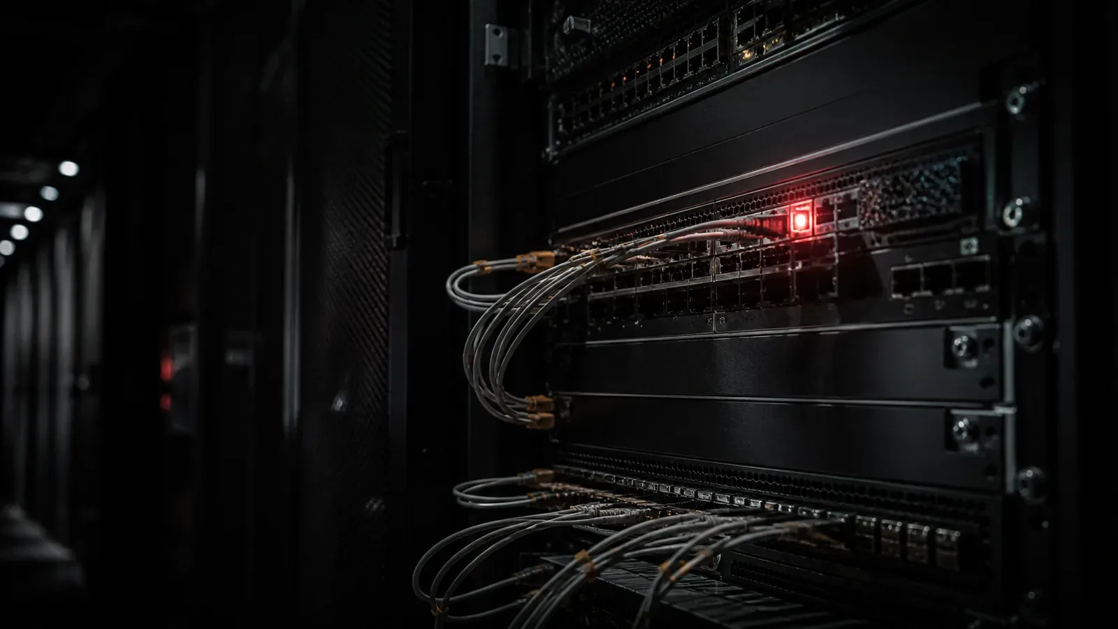 Diagrama técnico de fluxos de rede e pipes de dados conectando clientes de IA a servidores MCP em ambiente escuro de datacenter