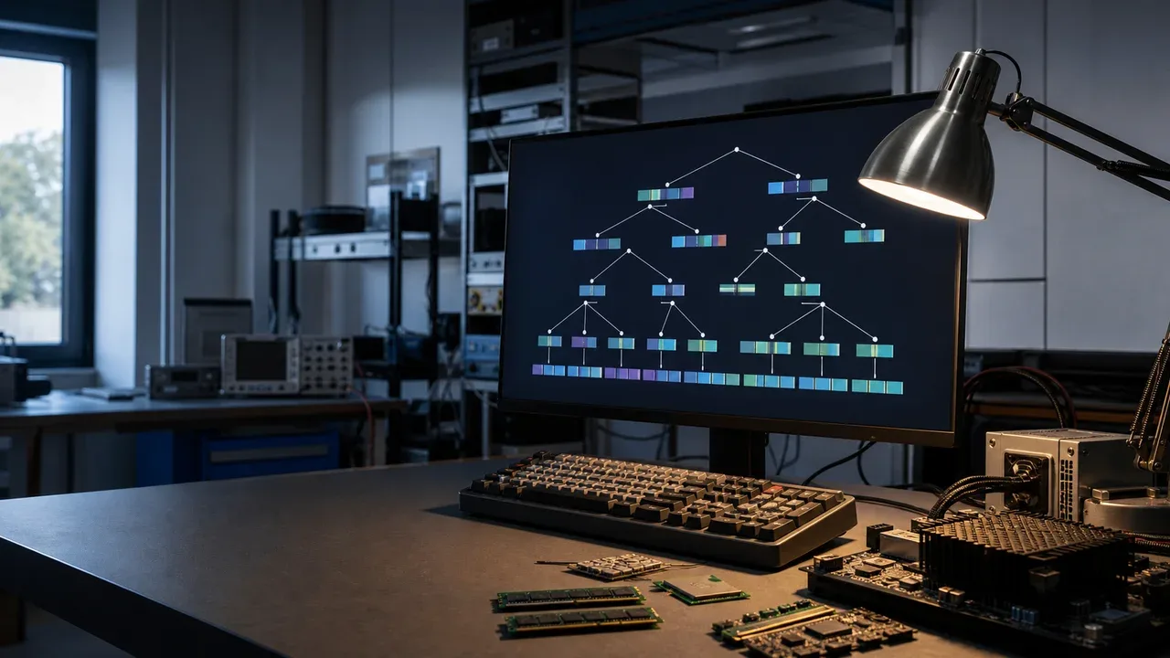 Bancada de laboratorio de sistemas com tela de monitor exibindo arvore de compactacao de memoria e luminaria com refletor carmim