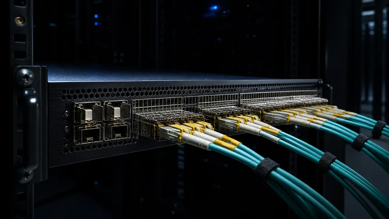Comutador de rede de baixa latencia em rack escuro com cabos de fibra optica e conectores de travamento carmim