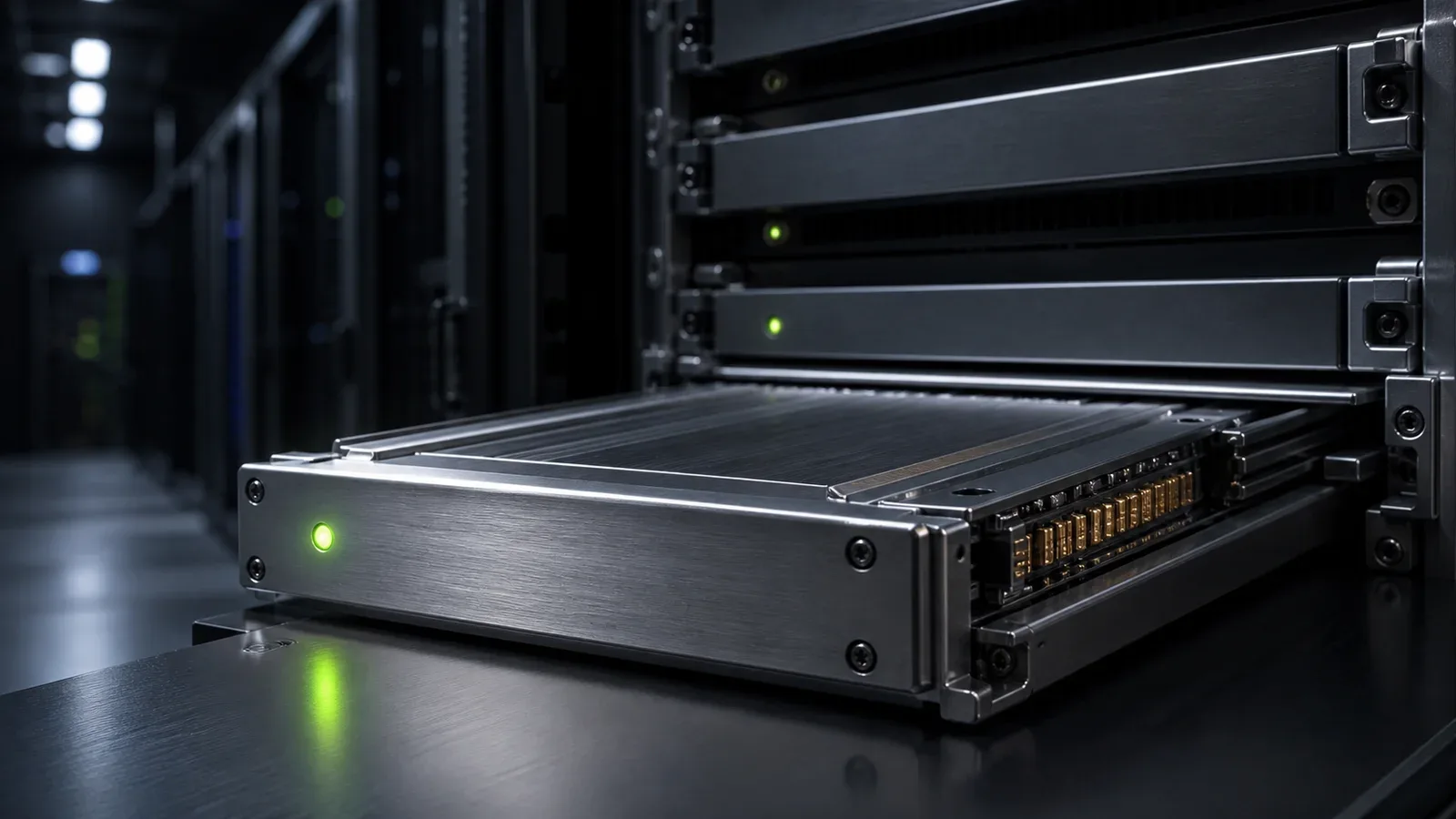 Rack de servidores corporativos de alta densidade em data center escuro com modulo de memoria blindado e indicador LED carmim