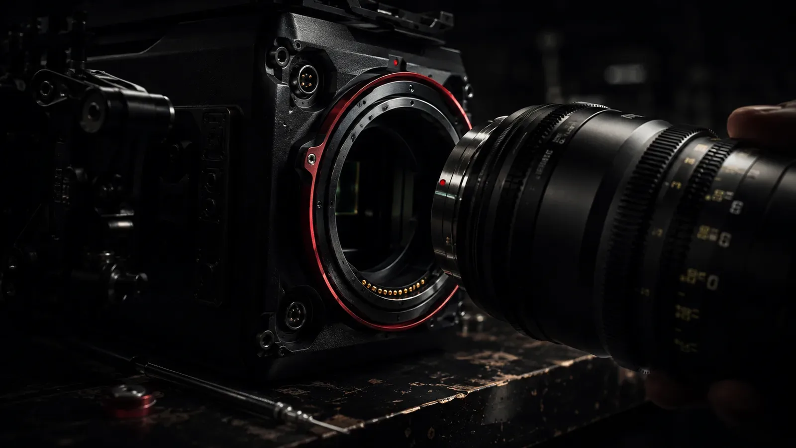 Câmera de cinema digital de grande formato com montagem exposta e lente prime de cinema exibindo pinos dourados de telemetria