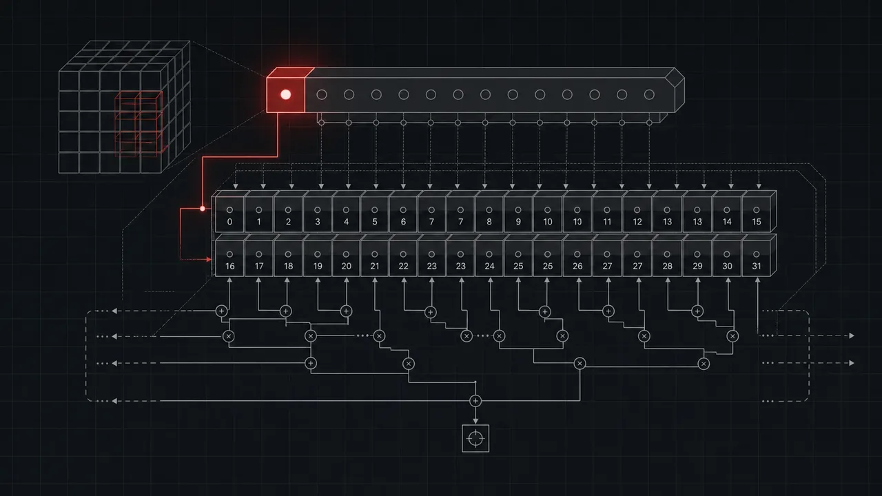 Esquema técnico em perspectiva isométrica de partição de micro-bloco de 32 elementos com cabeçalho de escala E8M0 em chiaroscuro