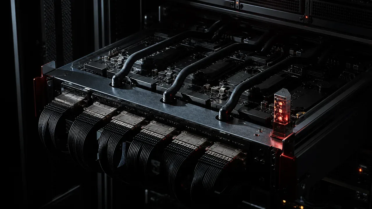 Interior de bandeja de computação de datacenter refrigerada a l�íquido com barramentos NVLink e indicador físico de telemetria sob chiaroscuro