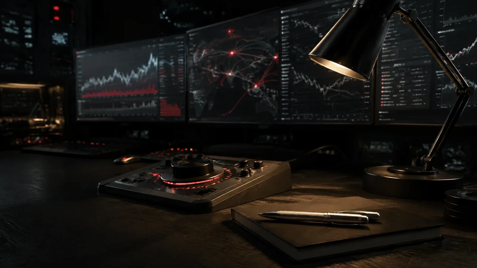 Console de monitoramento de leilões RTB em tempo real com displays de telemetria e rack de servidores programáticos