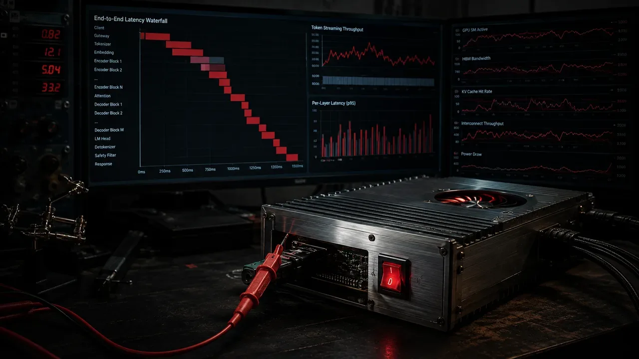Bancada de engenharia com telemetria de latência de camadas de LLMs e aceleradores de hardware