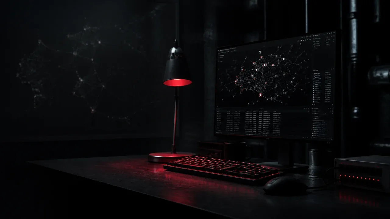Mesa de trabalho de engenharia de software com analisadores de tráfego de rede e logs de segurança sob iluminação sutil