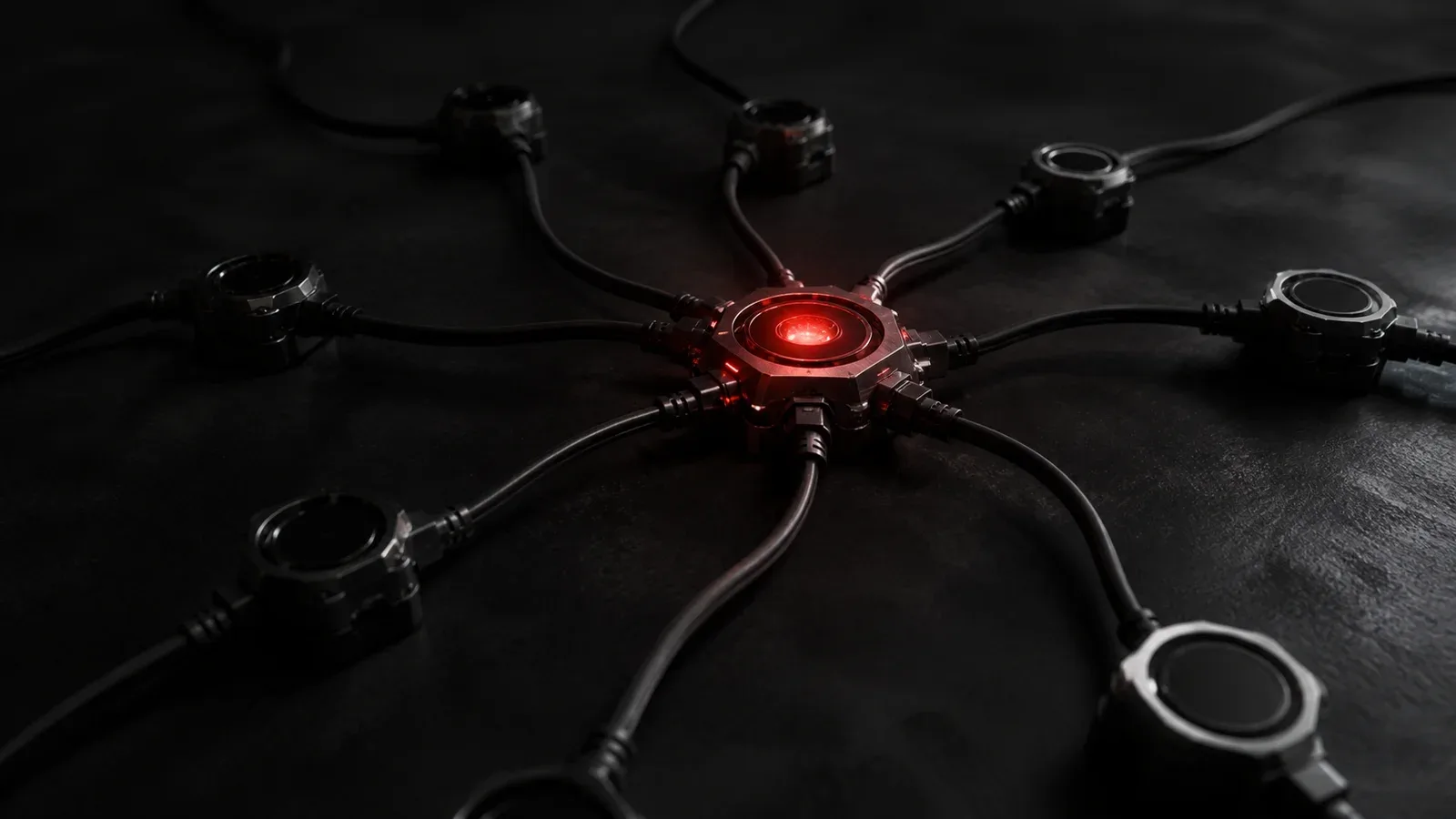 Rack de servidores de alta densidade em datacenter escuro com cabos de fibra óptica e indicador luminoso vermelho no painel