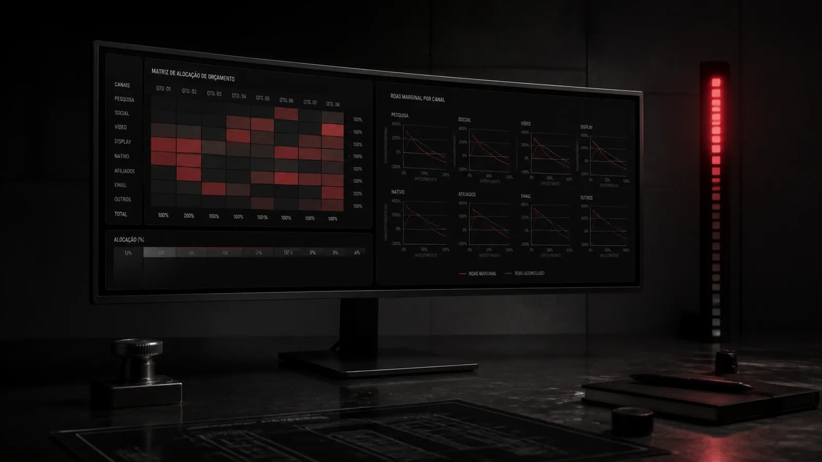 Painel técnico de tomada de decisão com matriz de ROAS Marginal versus ROAS Médio em monitor ultra-wide com régua de sinalização de LED acesa
