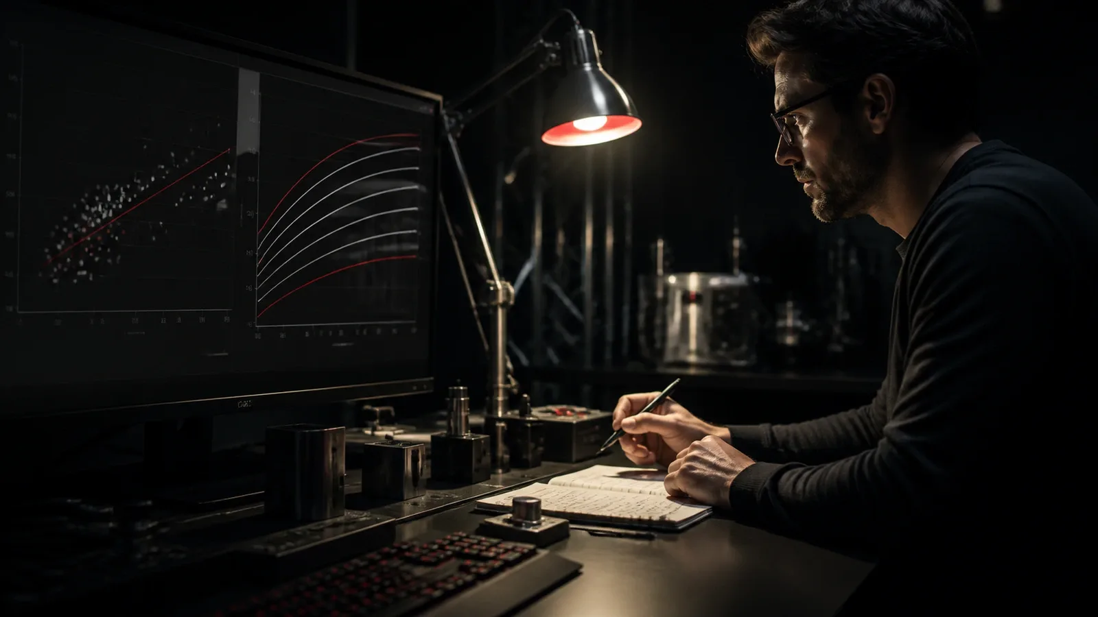 Cientista de dados e econometrista analisando curvas de resposta e saturação de mídia em monitor profissional com luminária de mesa de foco acesa