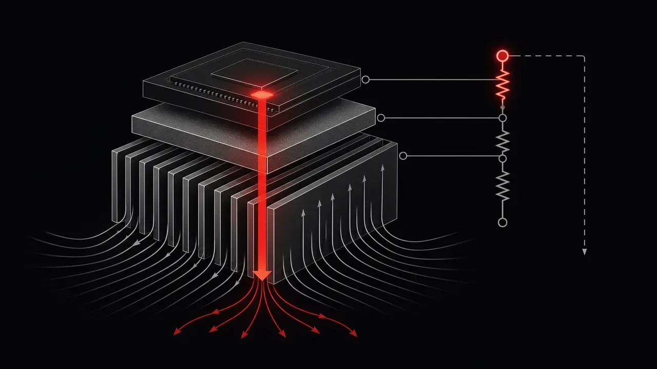 Diagrama técnico vetorial da rede de resistências térmicas da junção ao ambiente em semicondutores de drones FPV