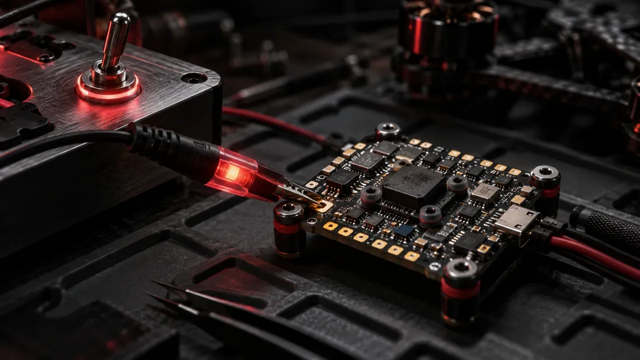 Placa controladora de voo FPV com sensor giroscópio MEMS em bancada de eletrônica