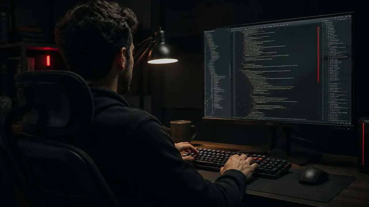 Engenheiro de software escrevendo código de baixo nível para GPU em ambiente escuro