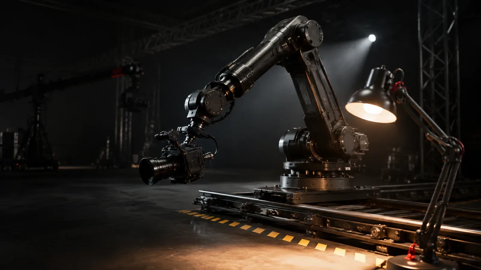 Braço robótico cinematográfico de alta velocidade montado em trilho com iluminação pontual de set