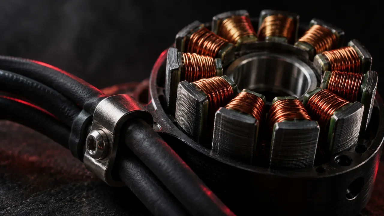 Estator de motor brushless para drone FPV com enrolamentos de cobre e base de fixação