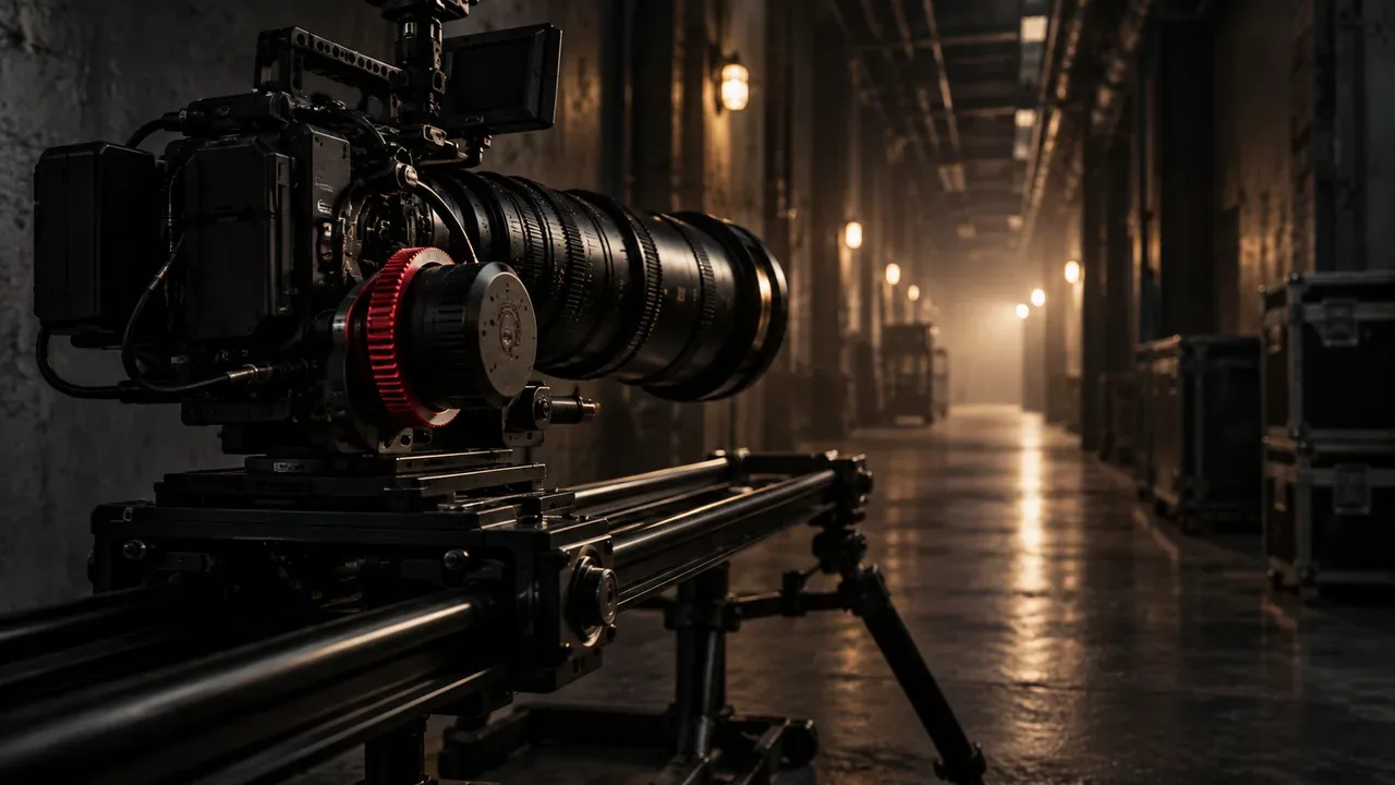 Mecânica óptica do Dolly Zoom em slider com motor de foco sem fio em set cinematográfico