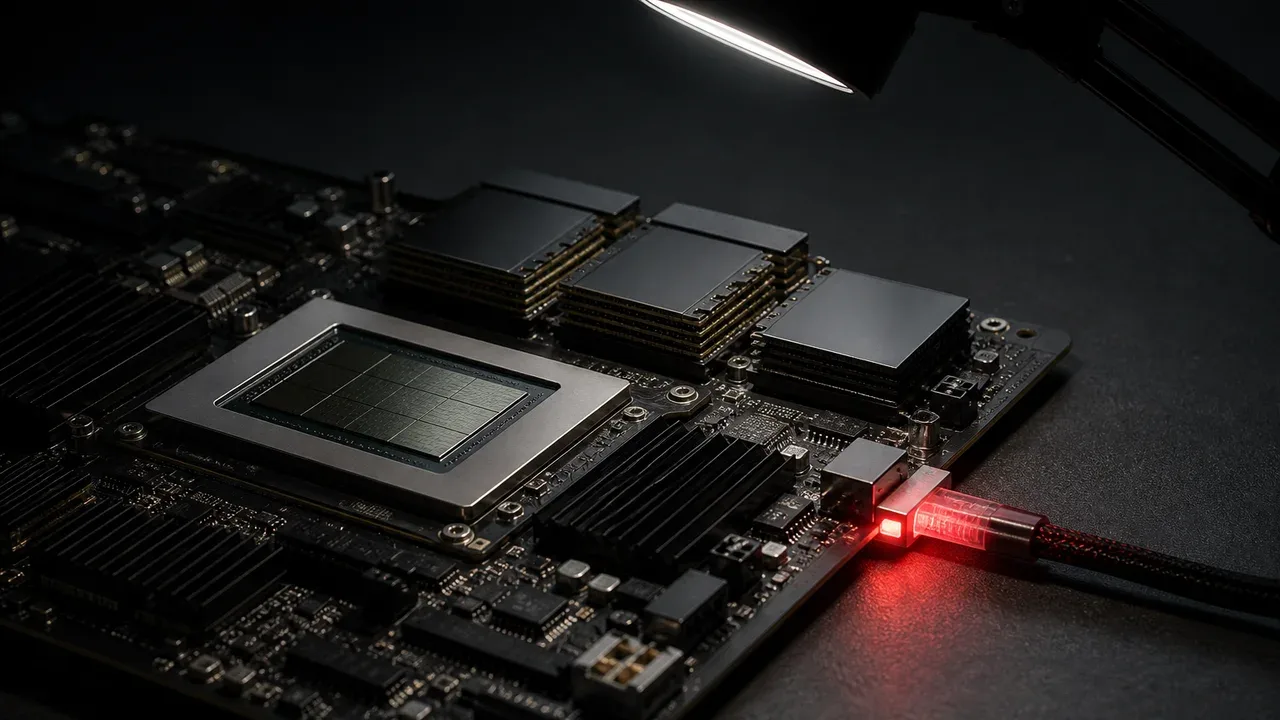 Módulo de processamento de hardware aberto em bancada de testes de engenharia com conector de diagnóstico carmim iluminado