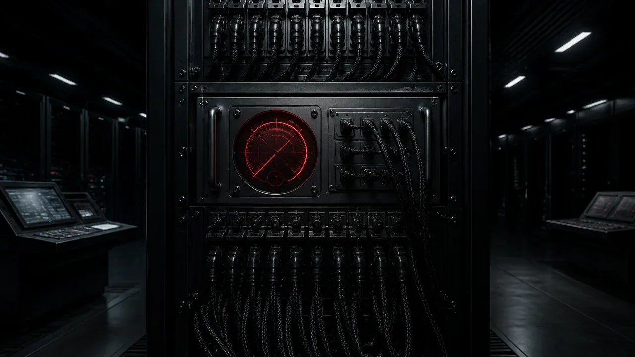 Painel de controle industrial de datacenter com matriz de indicadores de status e conector central com anel carmim iluminado