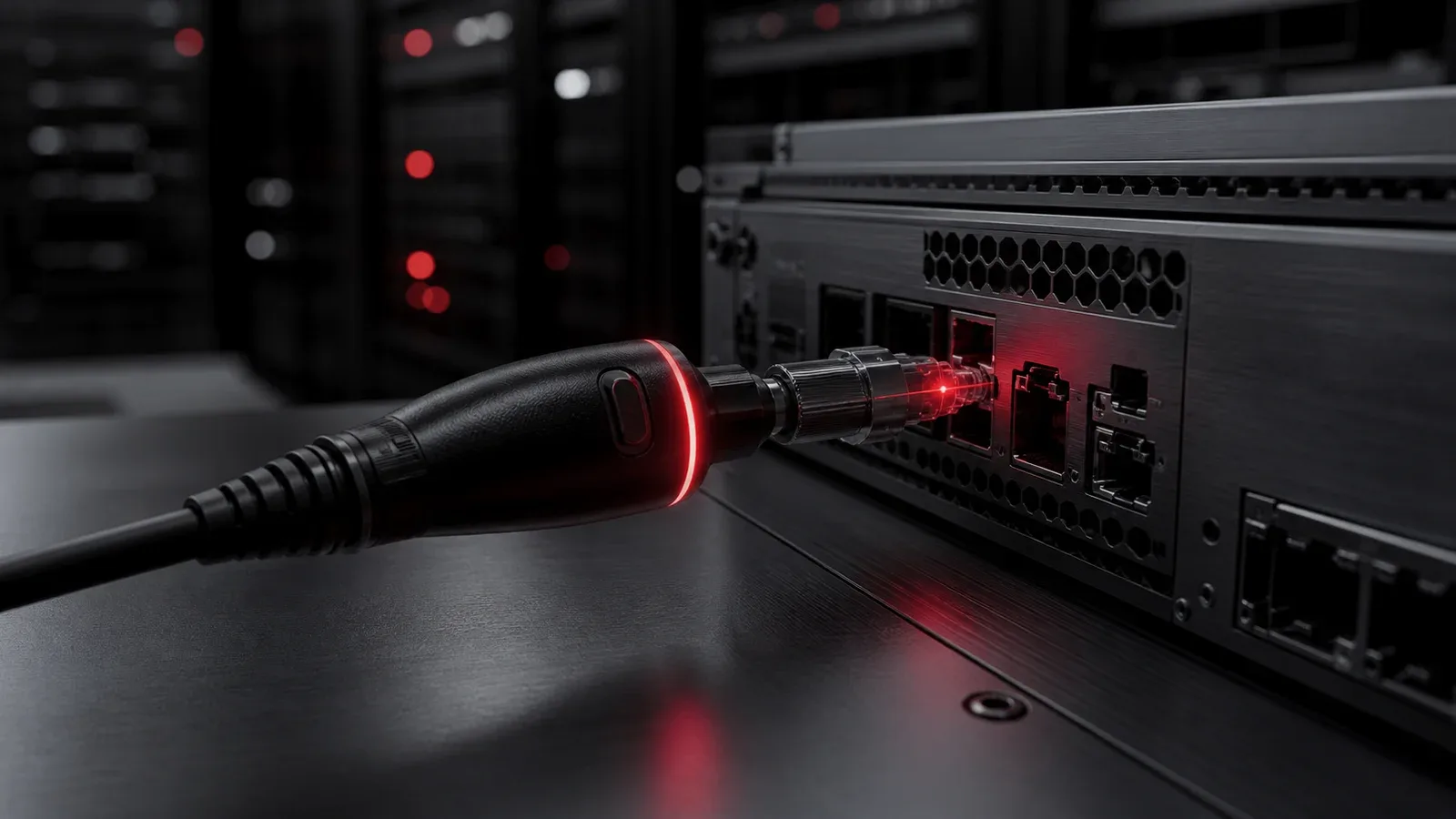 Console de telemetria de cluster de inferência em rack de alta densidade com conectores ópticos e indicador luminoso carmim