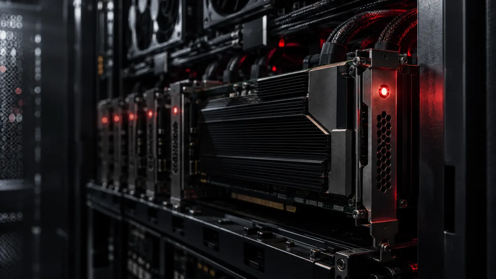 Acelerador PCIe de IA montado em rack industrial com indicador carmim iluminado