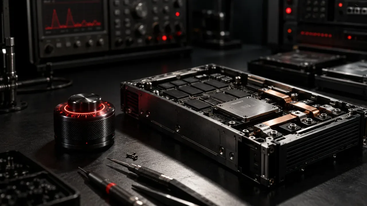 Bancada de laboratório de hardware com módulo de memória e mostrador iluminado em primeiro plano