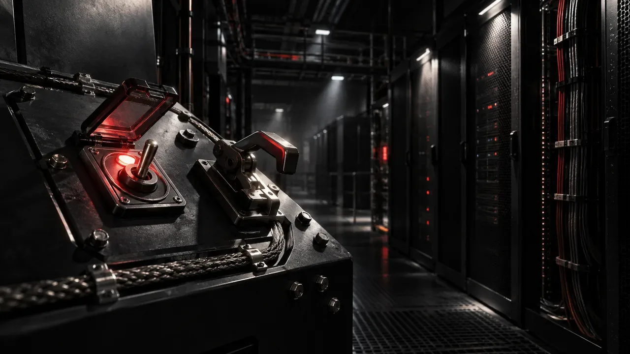 Console industrial de controle com chave comutadora iluminada em primeiro plano sob luz de alto contraste