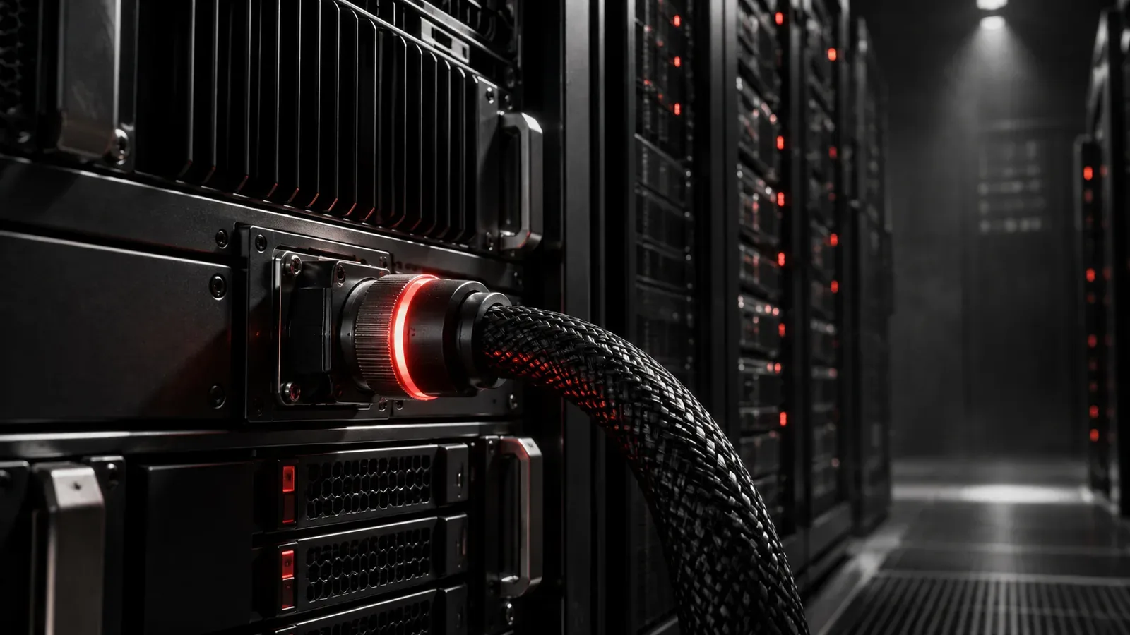 Gabinete de servidor de banco de dados em rack escuro com indicador luminoso em primeiro plano