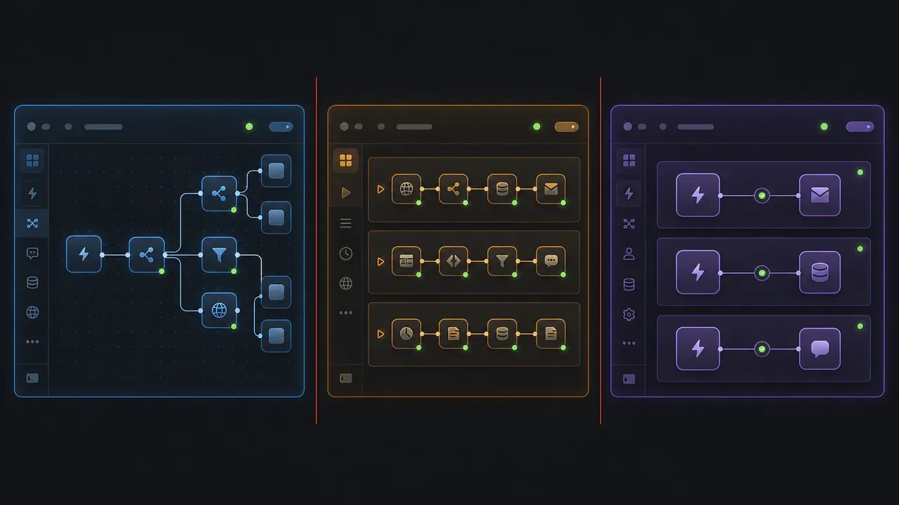 Comparação visual entre editores n8n, Make e Zapier com interfaces distintas