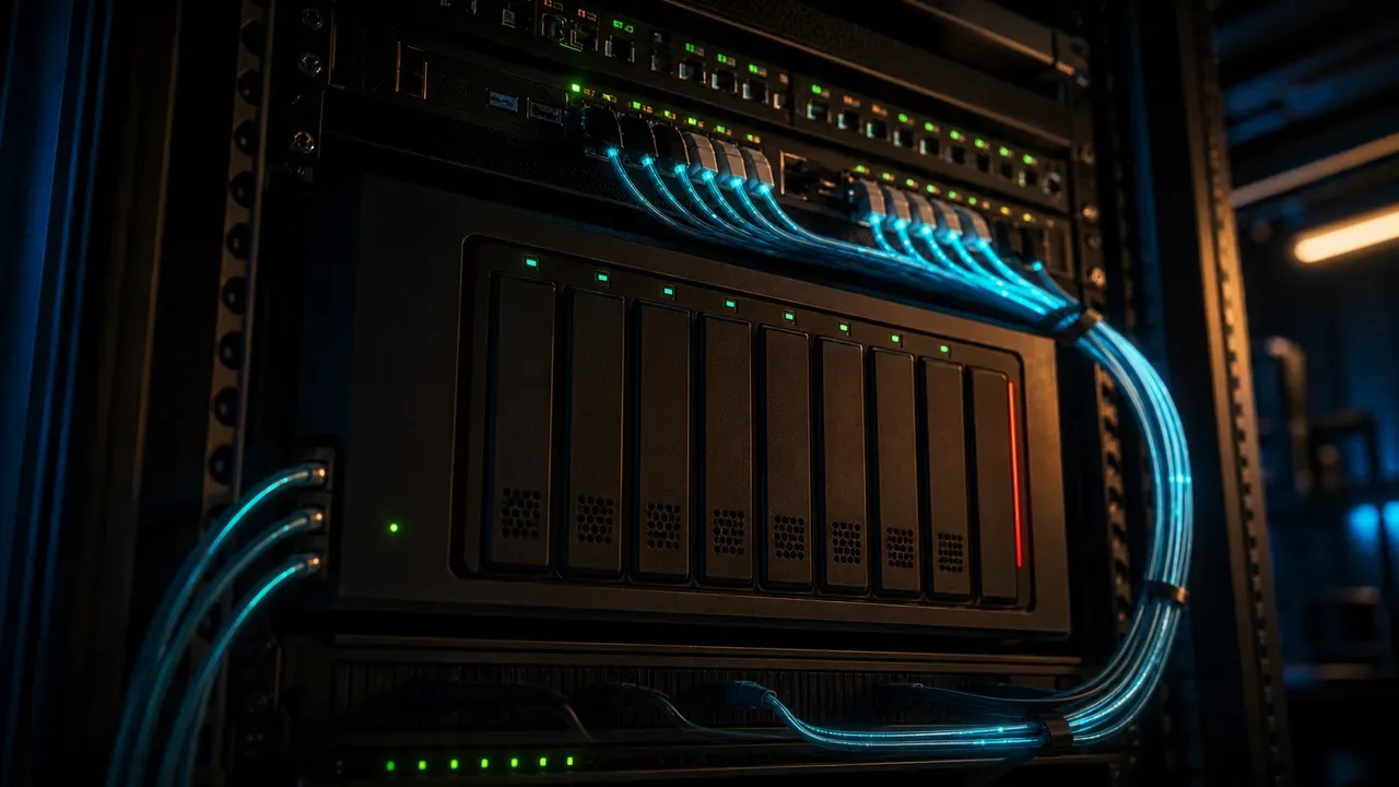 Rack com NAS Synology conectado à rede de estúdio com cabos de fibra e switch 10GbE