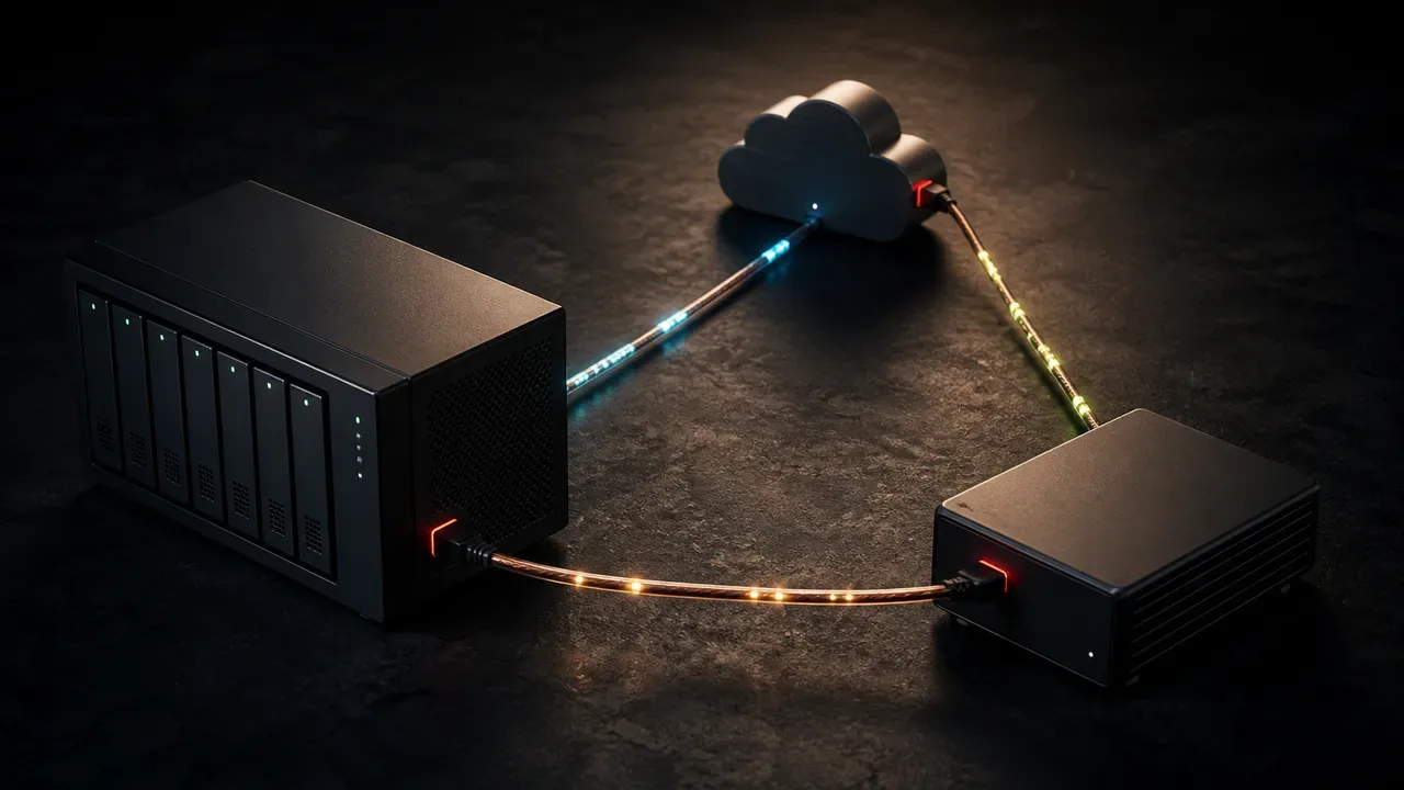 Diagrama de rede de estúdio com NAS central, switch 10GbE, workstations e destino de backup offsite em nuvem