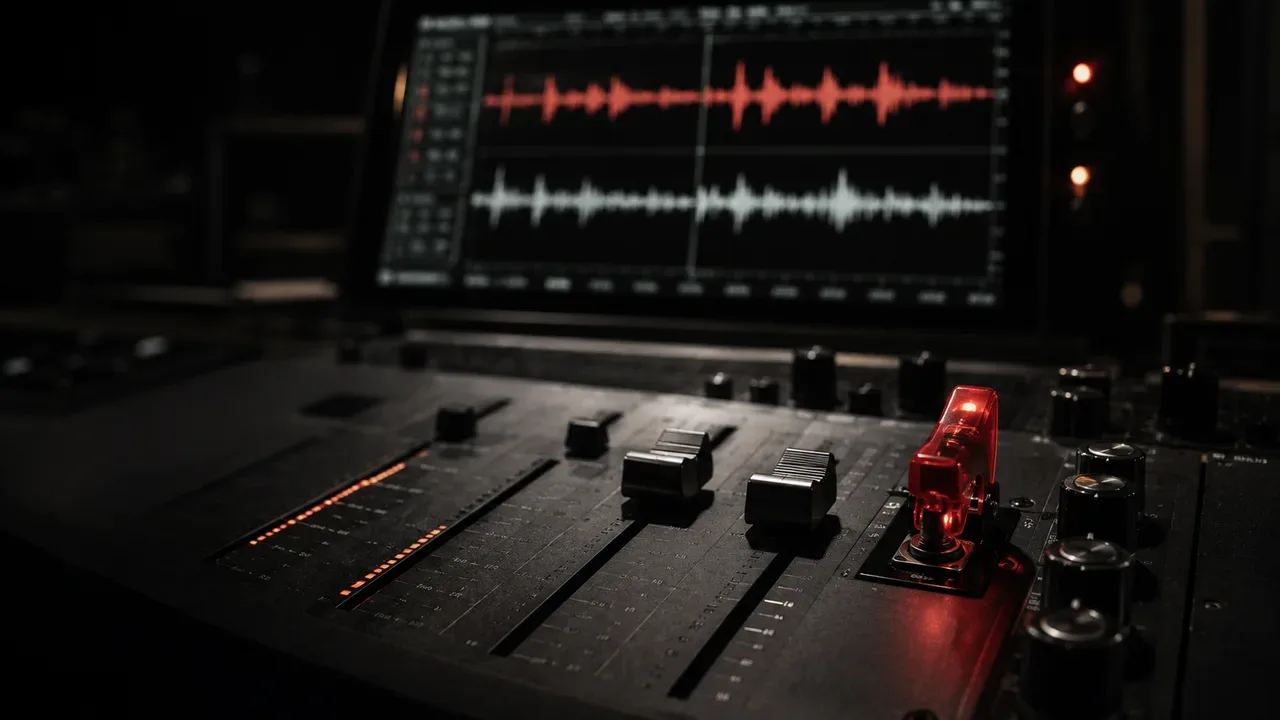 Mesa de mixagem e monitor de osciloscópio exibindo fluxos full-duplex simultâneos