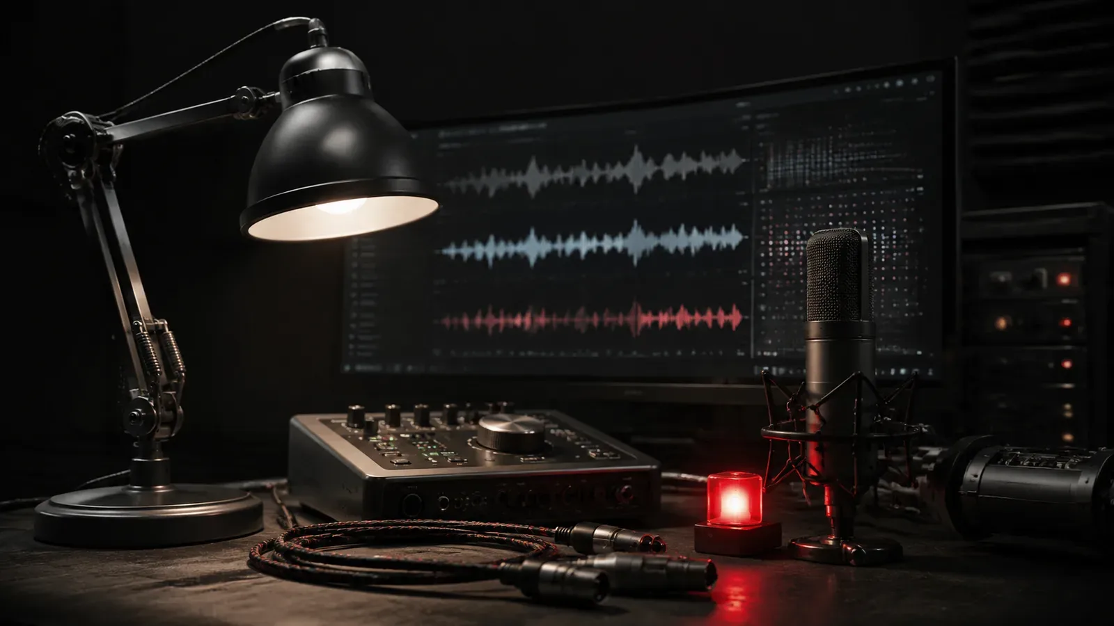 Console de engenharia acústica com workstation escura, luminária industrial com foco direcional e indicador vermelho