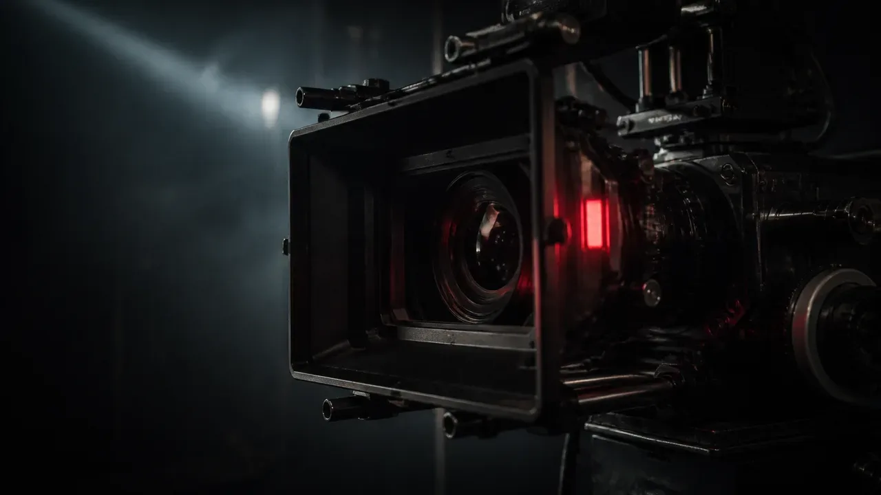 Câmera de cinema em set de gravação de criativos em vídeo com luz de gravação em acento vermelho