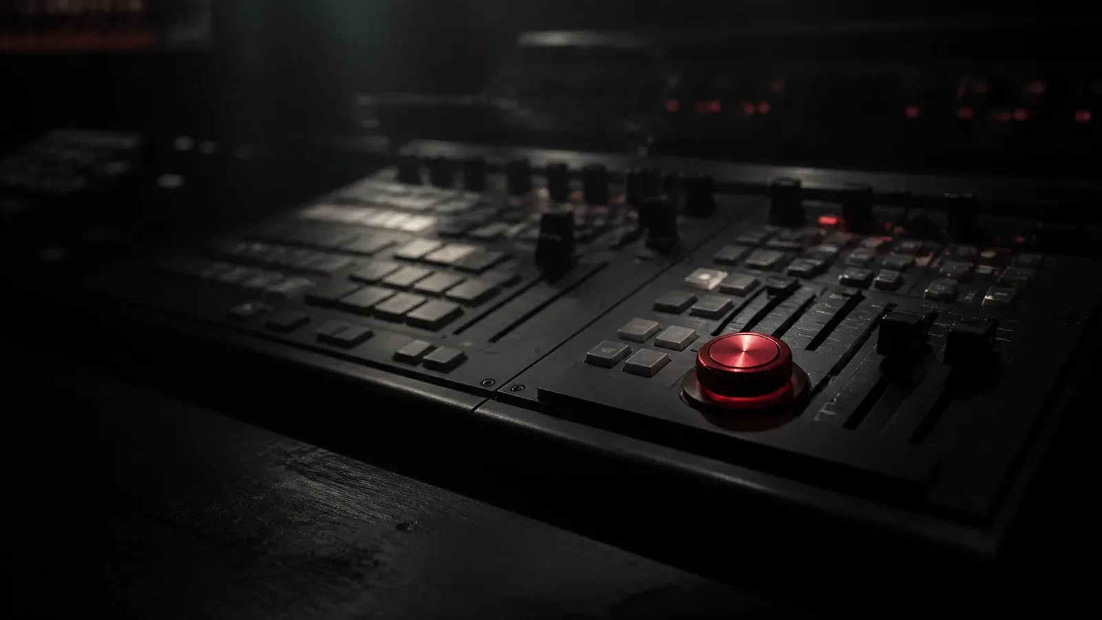 Mesa de controle de produção de mídia de resposta direta com iluminação chiaroscuro e acento vermelho