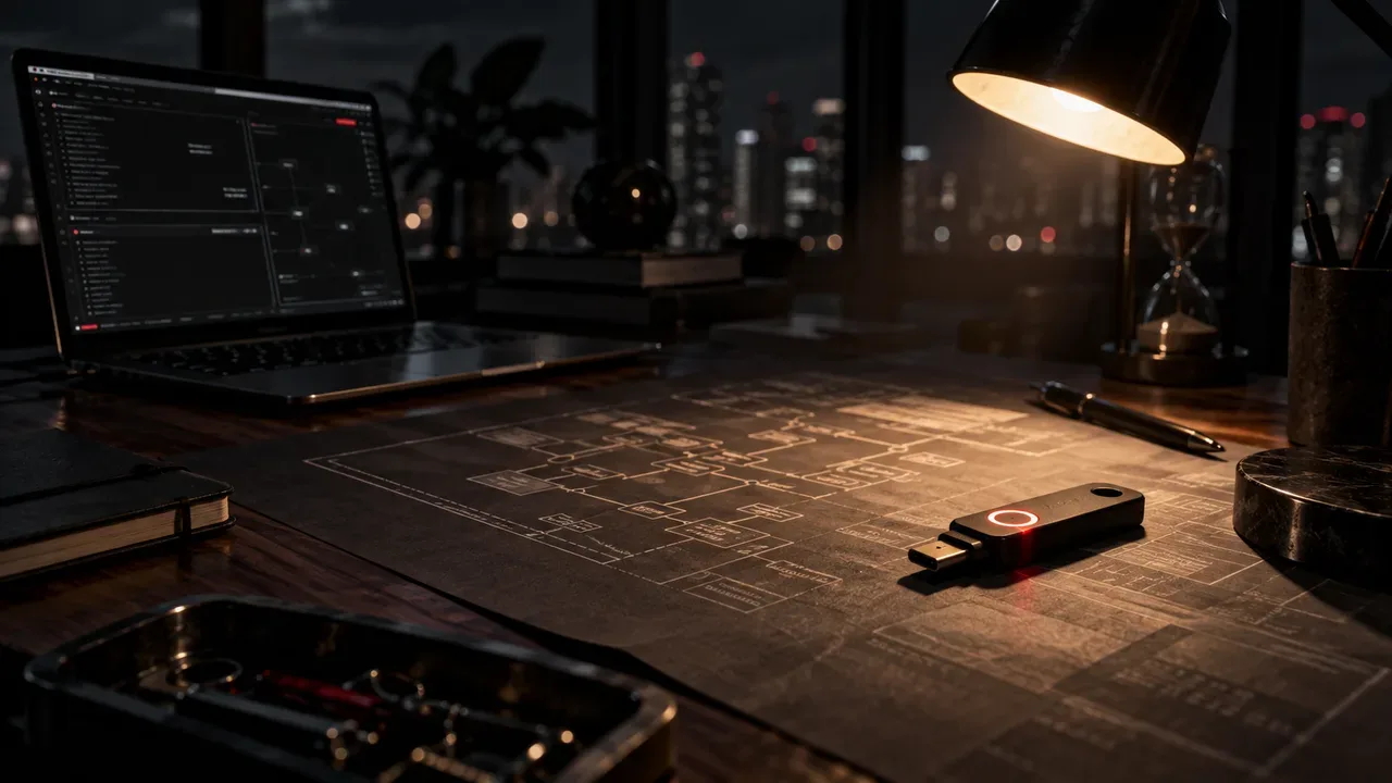 Chave de segurança criptográfica conectada a hub de desenvolvimento com cordão carmim iluminado por spot direcional