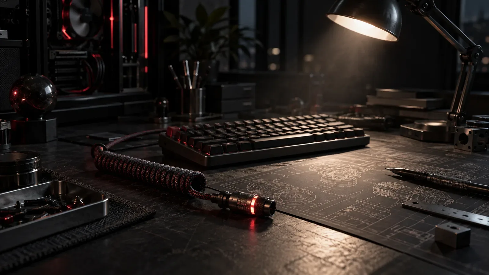 Estação de engenharia de software à noite com teclado mecânico, cabo com conector carmim iluminado e anotações arquiteturais sob luz pontual chiaroscuro