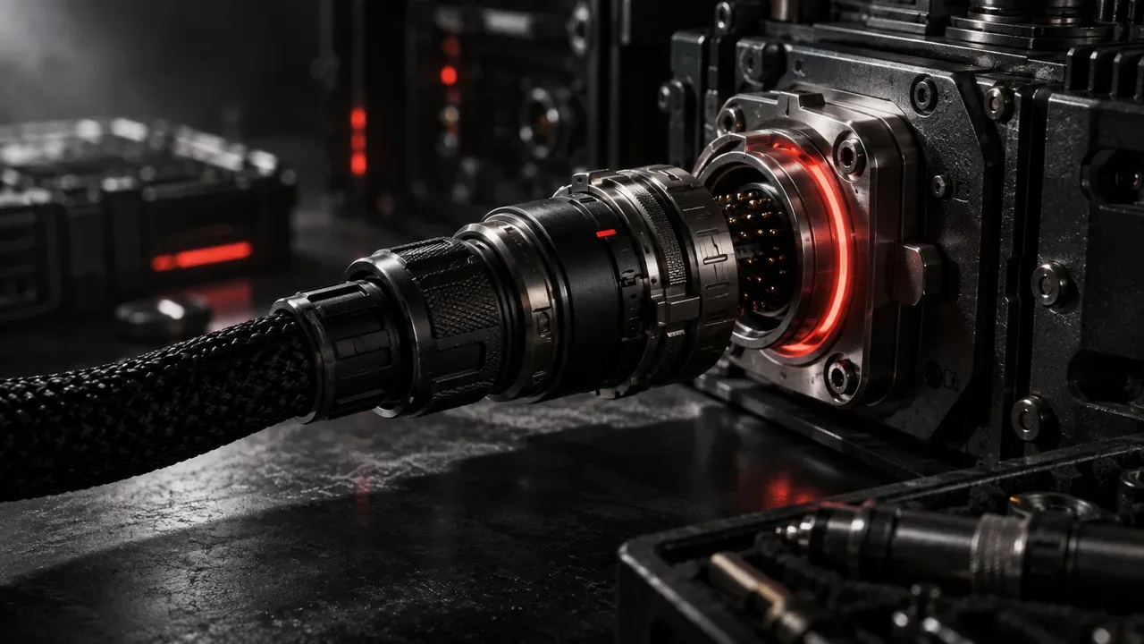 Hub de conectores de telemetria modular com iluminação cinematográfica chiaroscuro e colar carmim