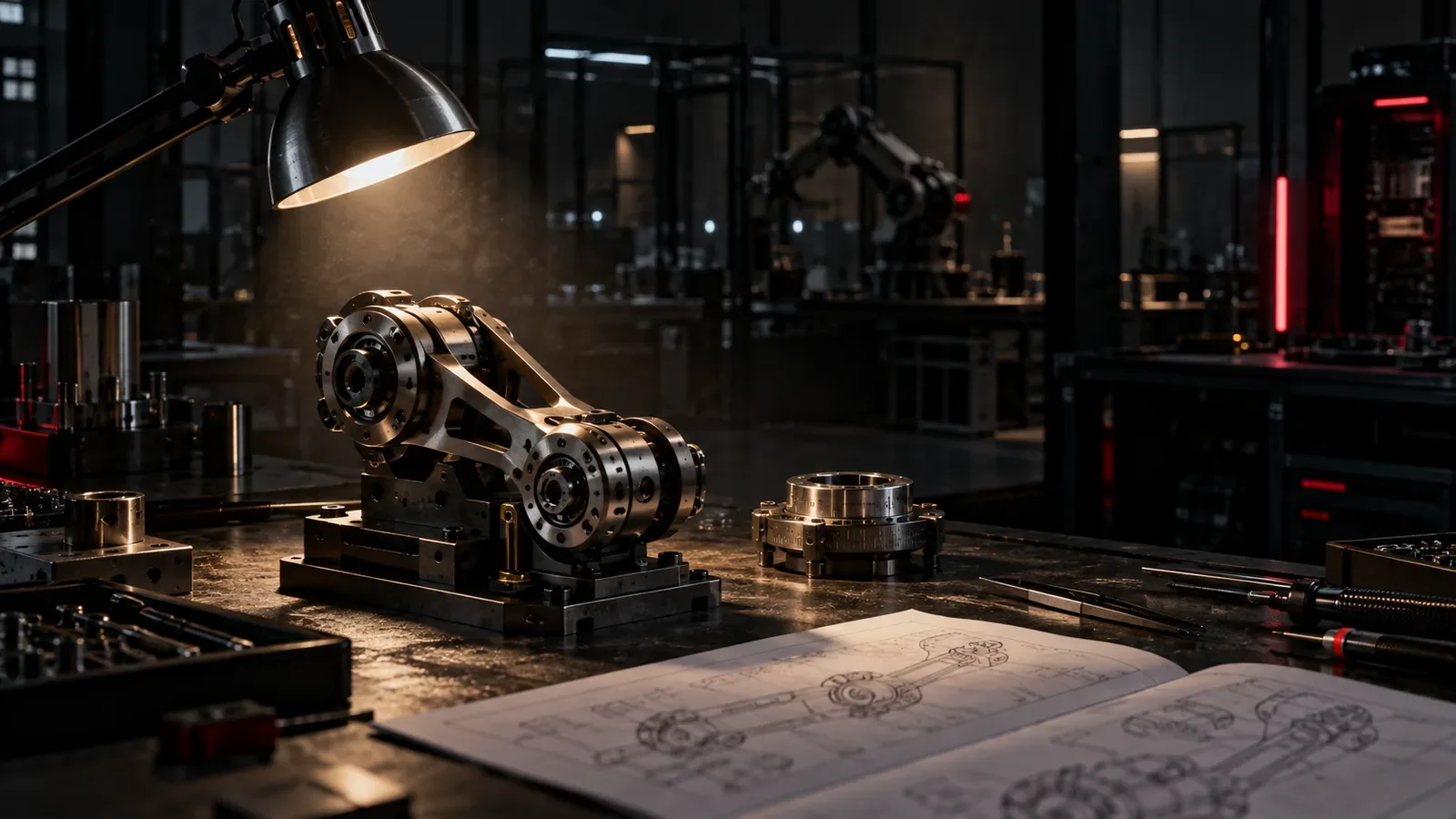Bancada técnica de laboratório em chiaroscuro com atuador de precisão e colar carmim