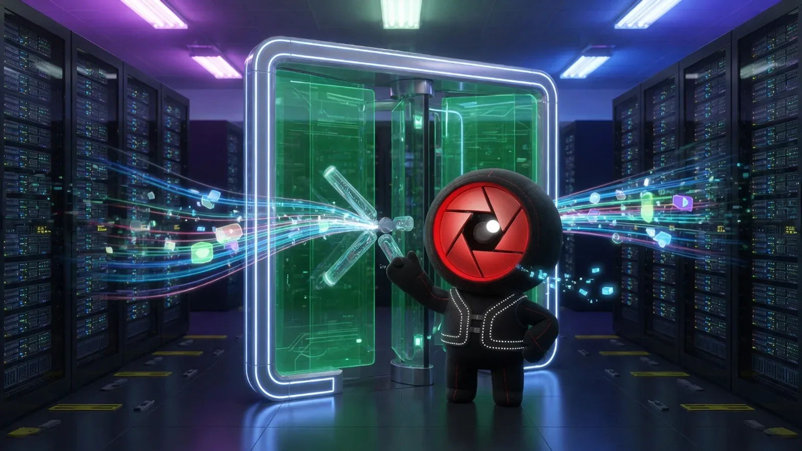 Fotografia conceitual surreal de uma portaria digital com catraca de vidro luminoso flutuando entre racks de servidores em um datacenter moderno, com o mascote da casa direcionando fluxos de dados