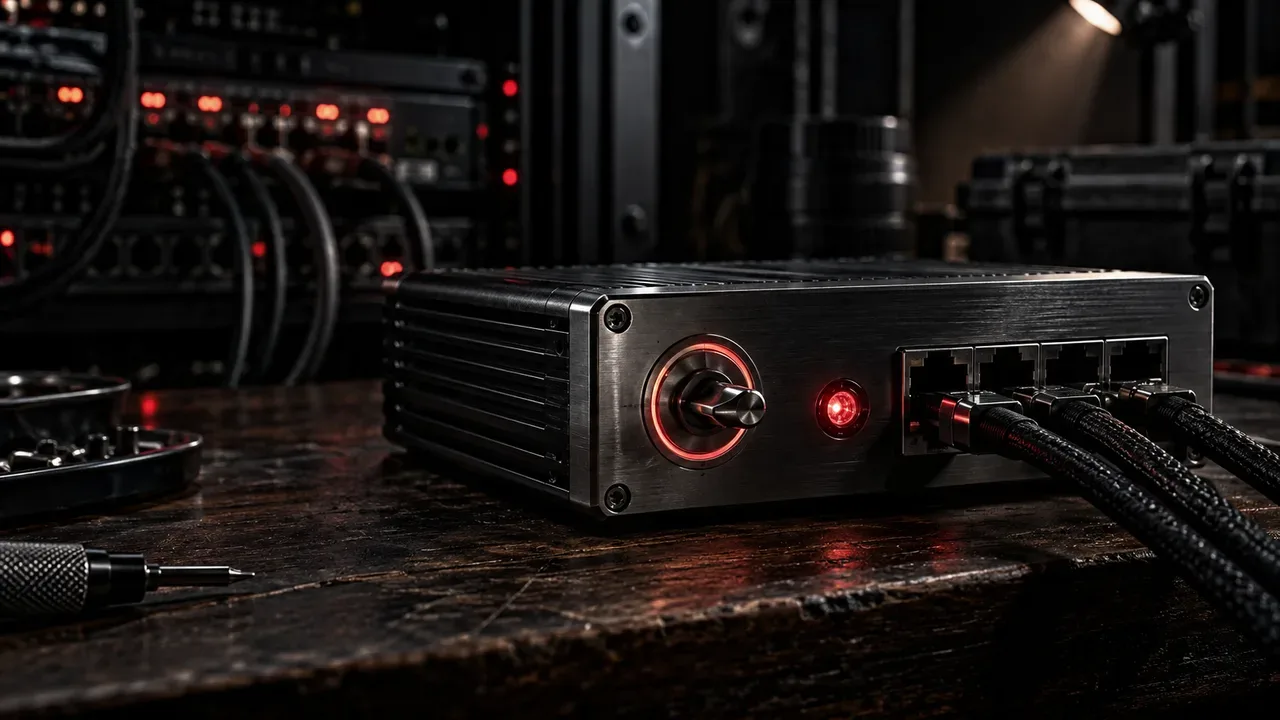 Módulo compacto de controle de rede em alumínio com anel de status iluminado sob luz chiaroscuro
