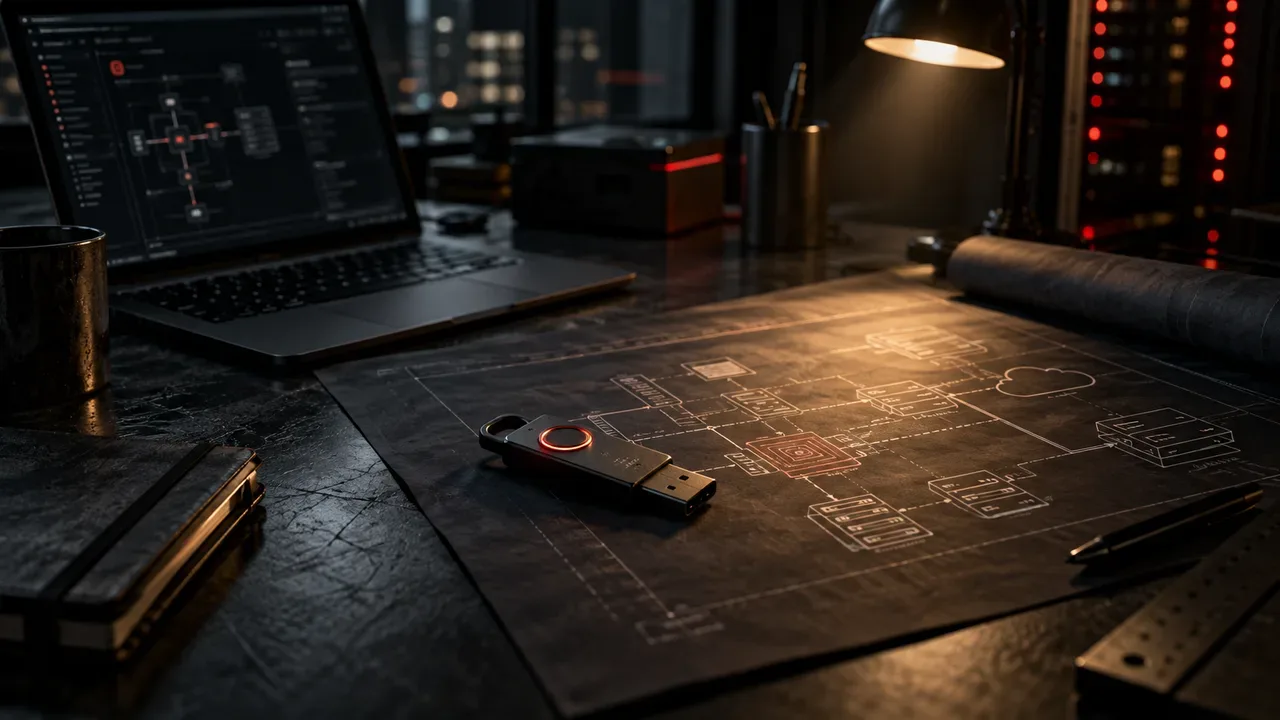 Chave criptográfica com cordão indicador carmim iluminado sobre bancada escura sob luz chiaroscuro
