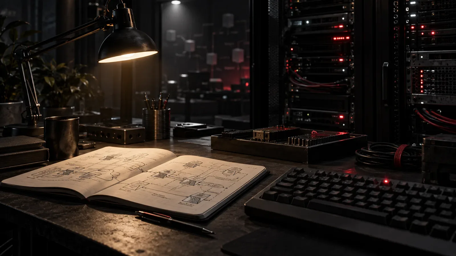Estação de engenharia de software à noite com caderno aberto, diagramas de comunicação e luminária de mesa acesa