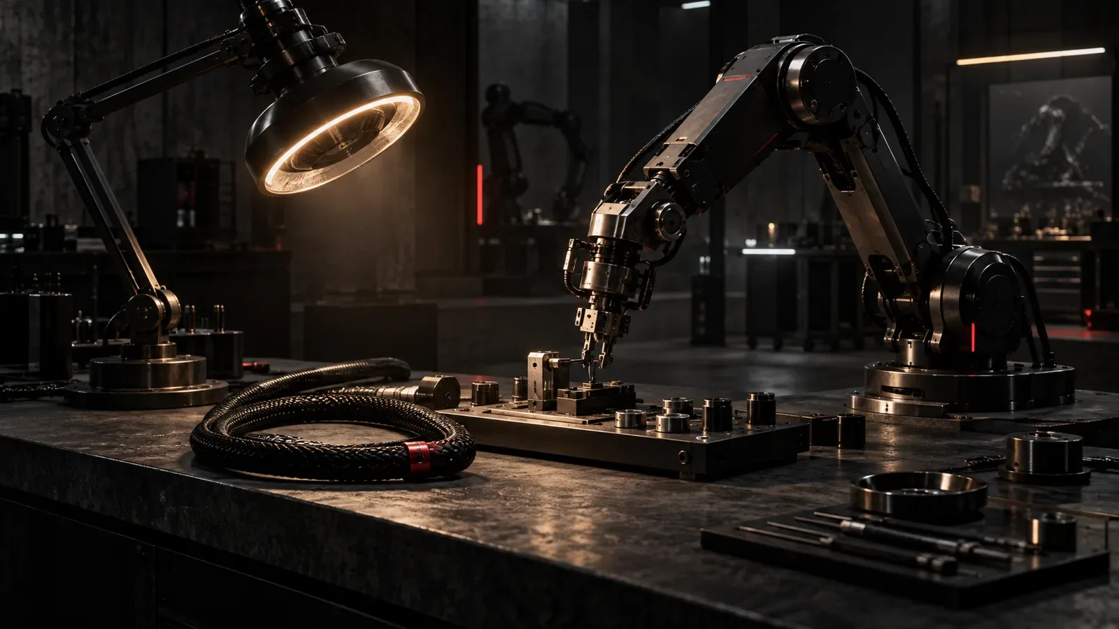 Laboratório de inteligência artificial autônoma e robótica sob iluminação chiaroscuro com braço manipulador e acento carmim