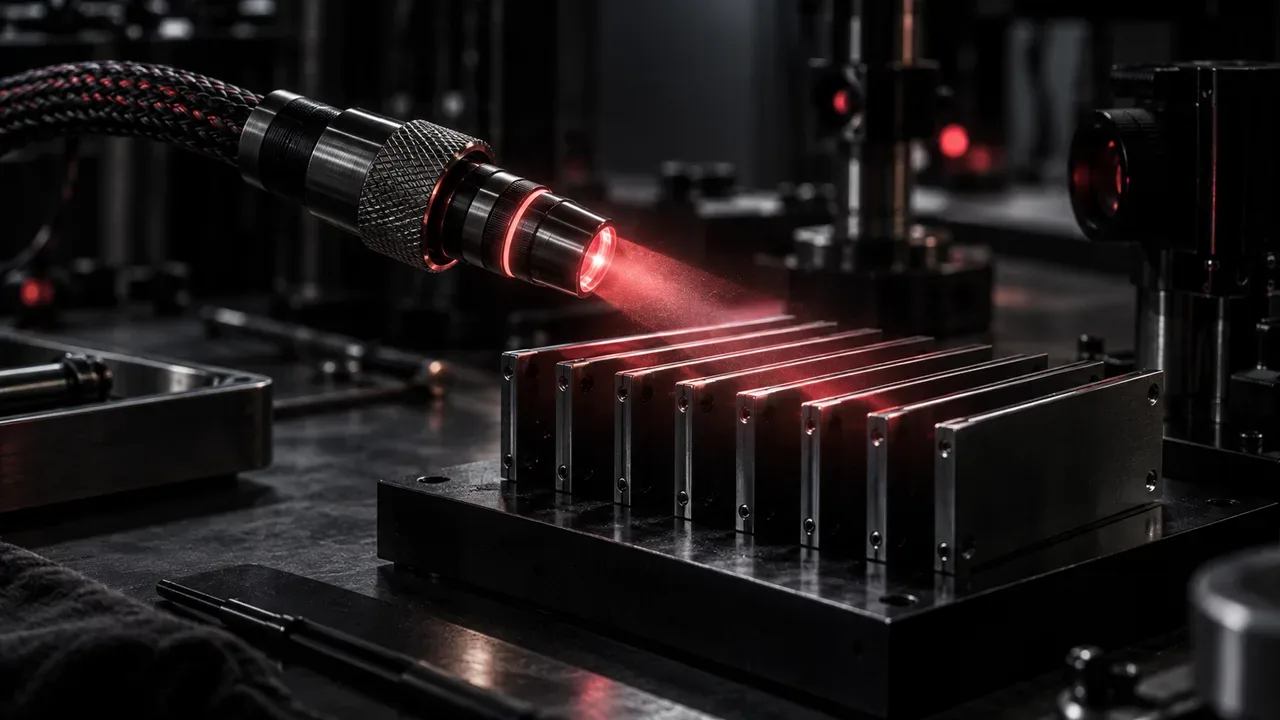 Matriz física de placas de liga escura sob luz chiaroscuro com condutor carmim